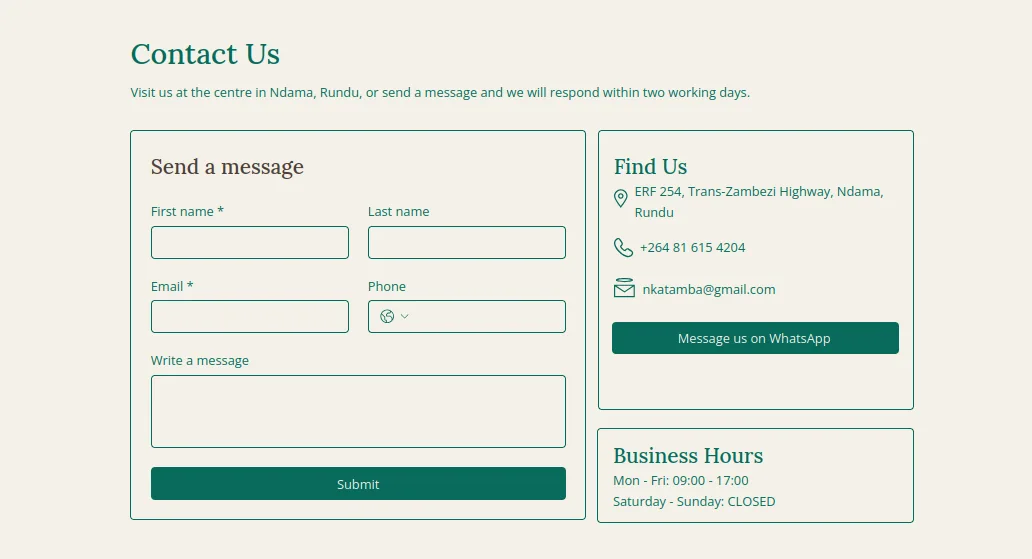 HOTA Art Design contact page with a message form and the organization's location, phone, and business hours