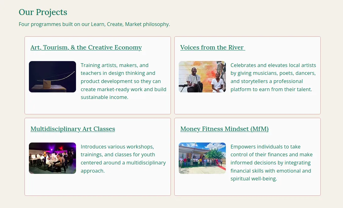 HOTA Art Design projects page listing the organization's four core programmes with photos and descriptions