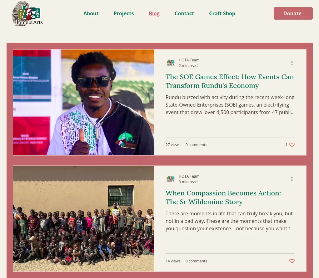 HOTA Art Design blog page showing published posts written and managed by HOTA staff