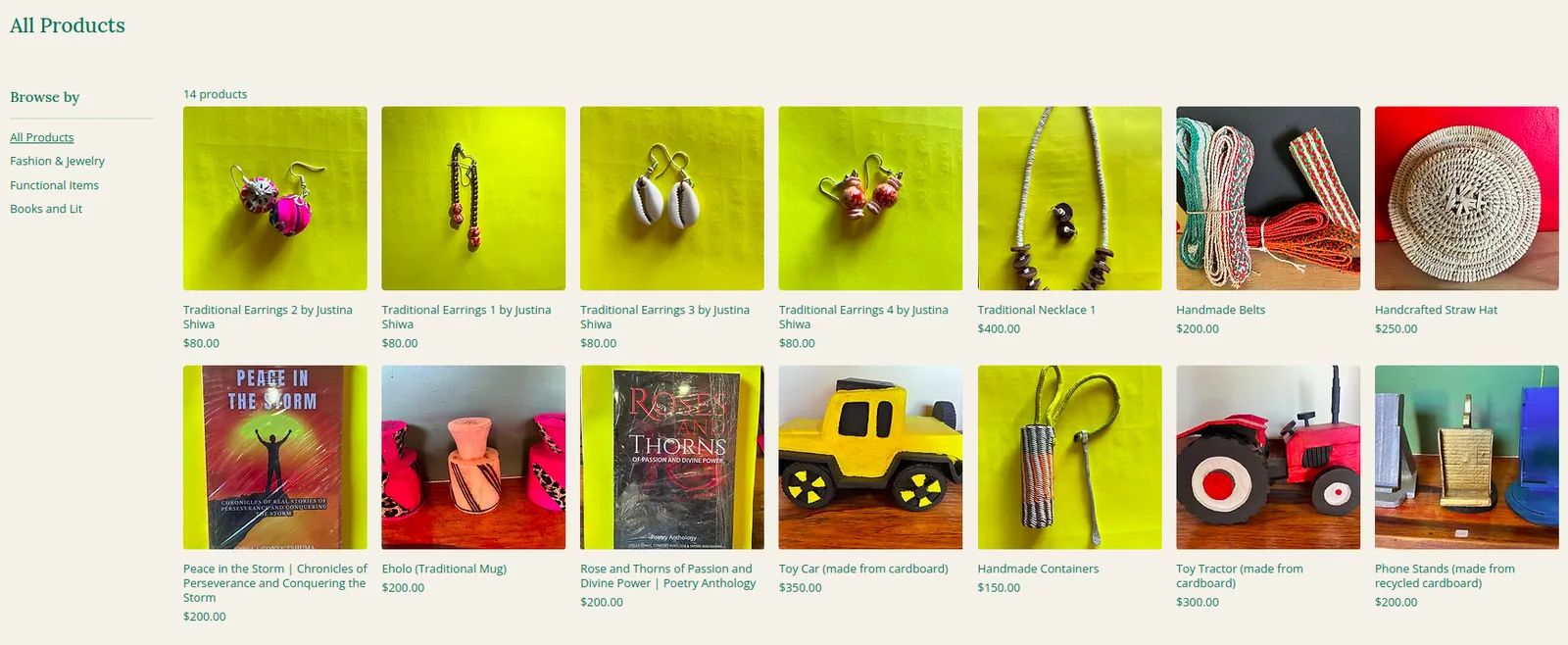 HOTA Art Design craft shop page displaying handmade products including jewelry, textiles, and carved wooden items