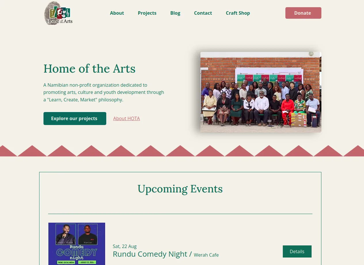 HOTA Art Design homepage on desktop, showing the hero section and Learn, Create, Market mission statement