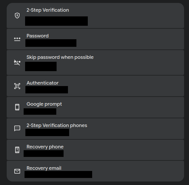 Google account settings screen showing the available two-factor authentication methods to choose from